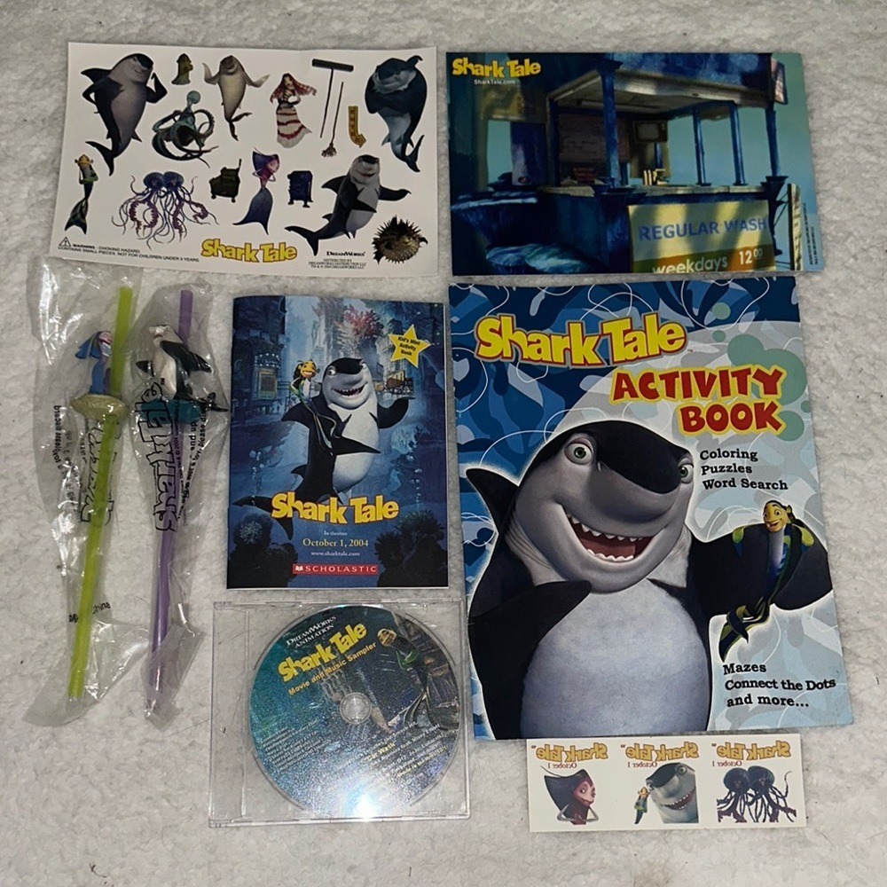 Vintage 2004 Shark Tale Movie Promo Bundle Activity Books CD Straws Stickers Lot